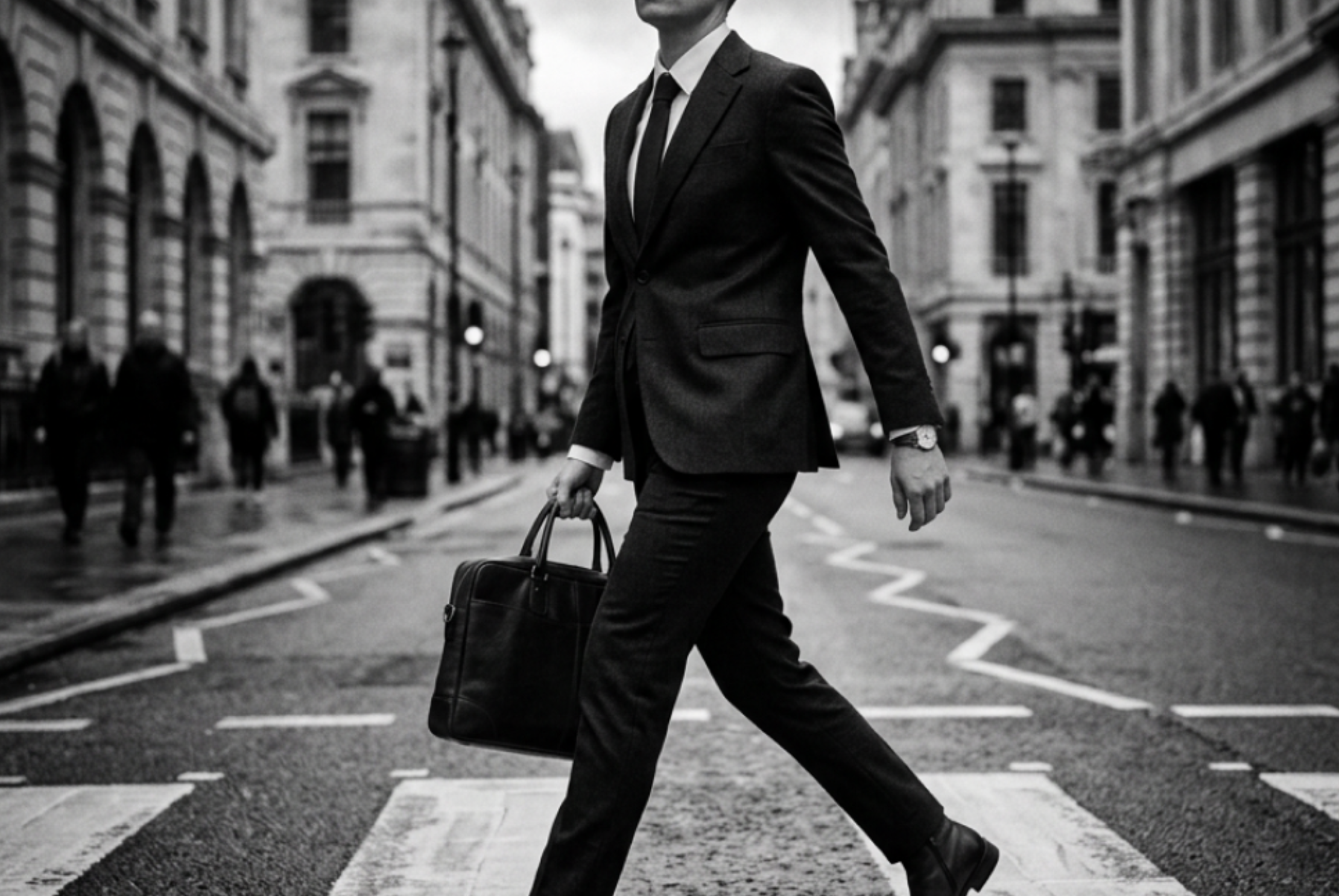 A woman confidently walking through a city street